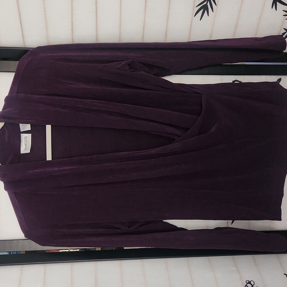 Chico's Size 1 Deep Purple Drape Faux Wrap Long Sleeve Travel Top